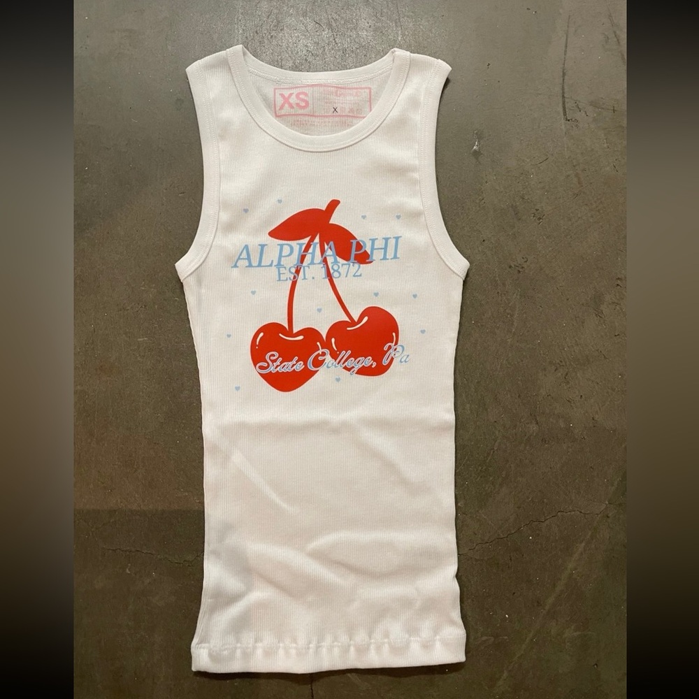 Alpha Phi State College White Tank Top with Red Cherry Design